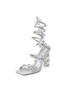 Rhinestone Butterfly Square Toe Strappy Heels Prom Sandals
